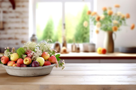 Wooden texture table top on blurred white rustic kitchen interior background. Template for product display with flowers and fruit. Generative AIの素材