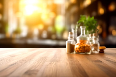 Wooden texture table top on blurred kitchen interior background. Epmty template for product display. Generative AIの素材