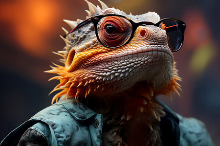 Stylish portrait of dressed up chameleon wearing sunglasses and suit. Generative AI.の素材