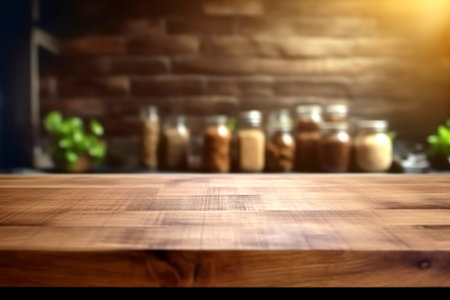 Wooden texture table top on blurred kitchen interior background. Epmty template for product display. Generative AIの素材