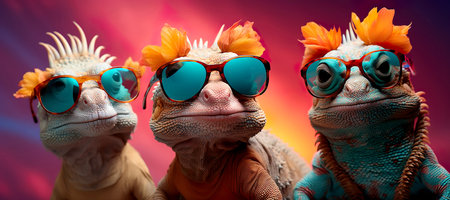 Stylish portrait of three chameleons wearing sunglasses. Bright gradient background. Generative AI.の素材