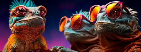 Stylish portrait of three chameleons wearing sunglasses. Bright gradient background. Generative AI.の素材