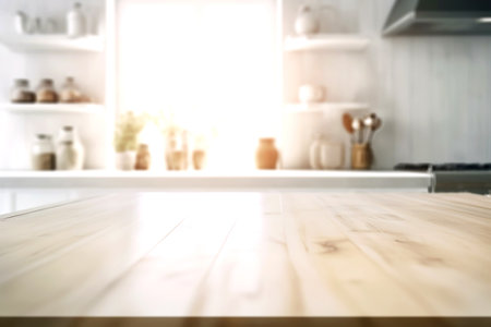Wooden texture table top on blurred white rustic kitchen interior background. Epmty template for product display. Generative AIの素材