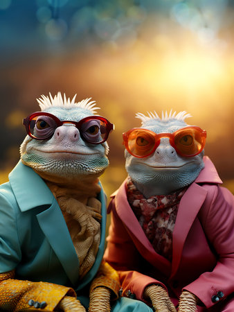 Stylish portrait of two dressed up chameleons wearing sunglasses and suit. gradient background. Copy space for text. Generative AI.の素材