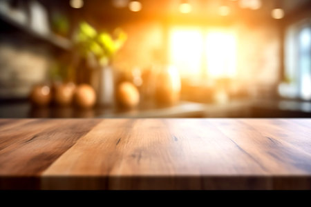 Wooden texture table top on blurred kitchen interior background. Epmty template for product display. Generative AIの素材