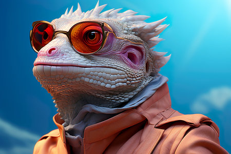 Stylish portrait of dressed up chameleon wearing sunglasses and suit. Generative AI.の素材