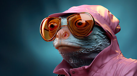 Stylish portrait of dressed up chameleon wearing sunglasses and suit. Generative AI.の素材