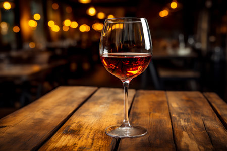 Glass of red wine on a wooden table in a restaurant. Generative AIの素材