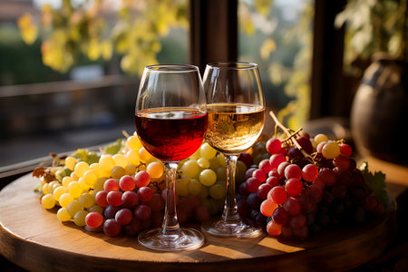 Glasses of red and white wine and ripe grapes on table in blurred background. Generative AIの素材