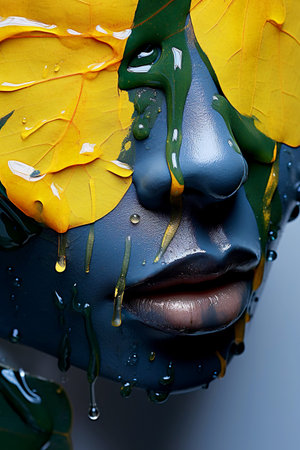 Flowing down collagen serum from a young african american woman face. facial skincare cosmetics. Health and beauty concept. Generative AIの素材