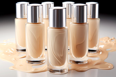 Glass bottle of beige color makeup foundation with splashes of liquid product. Generative AIの素材