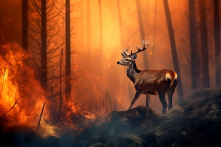 Deer running from burning forest. Forest fires are a problem of climate change and global warming. Generative AIの素材