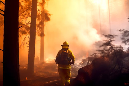 Firefighters are extinguishing a forest fire. Forest fires are a problem of climate change and global warming. Generative AIの素材