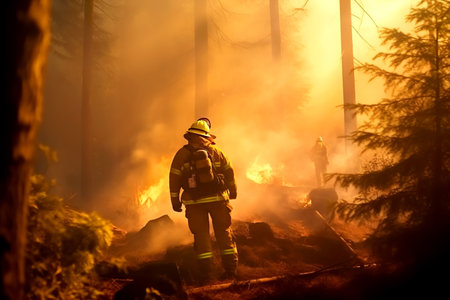 Firefighters are extinguishing a forest fire. Forest fires are a problem of climate change and global warming. Generative AIの素材