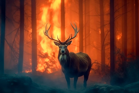 Deer running from burning forest. Forest fires are a problem of climate change and global warming. Generative AIの素材