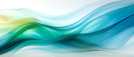Abstract transparent shape transitioning from blue to green and yellow colors isolated on a white background. Banner. Generative AIの素材