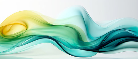 Abstract transparent shape transitioning from blue to green and yellow colors isolated on a white background. Banner. Generative AIの素材