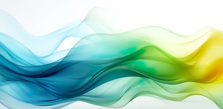 Abstract transparent shape transitioning from blue to green and yellow colors isolated on a white background. Banner. Generative AIの素材