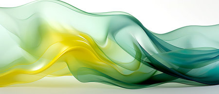 Abstract transparent shape transitioning from blue to green and yellow colors isolated on a white background. Banner. Generative AIの素材