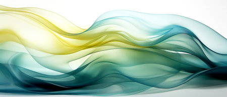 Abstract transparent shape transitioning from blue to green and yellow colors isolated on a white background. Banner. Generative AIの素材