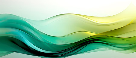 Abstract transparent shape transitioning from blue to green and yellow colors isolated on a white background. Banner. Generative AIの素材