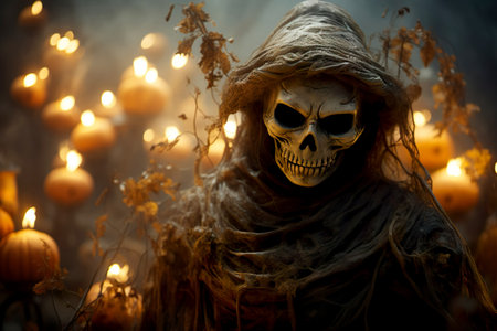 Mystical portrait of wicked witch with frightening makeup. For Dia de Los Muertos (Day of the dead) or Halloween holidays. Generative AIの素材