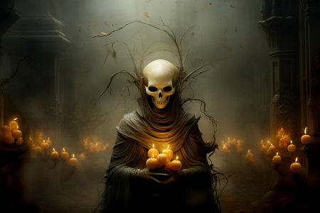 Mystical portrait of wicked witch with frightening makeup. For Dia de Los Muertos or Halloween holidays. Generative AIの素材