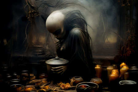 Mystical portrait of wicked witch with frightening makeup. For Dia de Los Muertos or Halloween holidays. Generative AIの素材