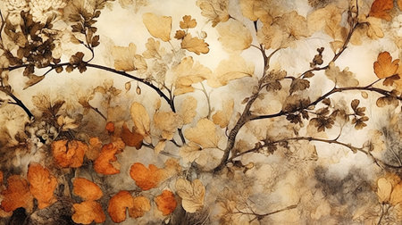 Abstract autumn background in vintage style. Chemigram and photogram image created using Generative AI technology.の素材