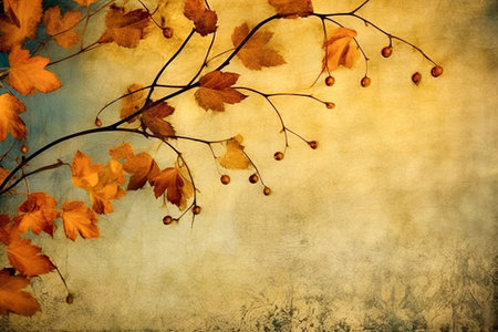 Autumn leaves background in vintage style. Chemigram and photogram image created using Generative AI technology. copy spaceの素材