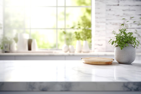 Wooden texture table top on blurred white rustic kitchen interior background. Epmty template for product display. Generative AIの素材