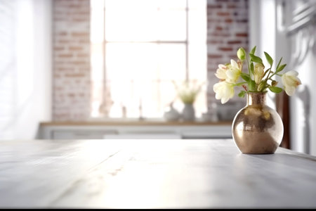 Wooden texture table top on blurred white rustic kitchen interior background. Epmty template for product display. Generative AIの素材