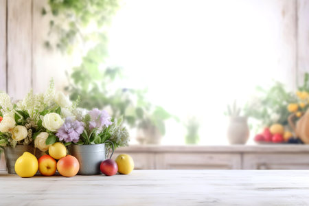 Wooden texture table top on blurred white rustic kitchen interior background. Epmty template for product display. Generative AIの素材