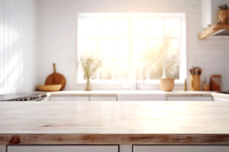 Wooden texture table top on blurred white rustic kitchen interior background. Epmty template for product display. Generative AIの素材