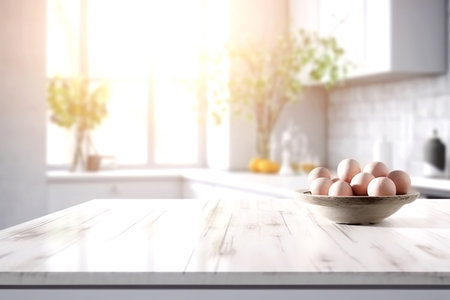 Wooden texture table top on blurred white rustic kitchen interior background. Epmty template for product display. Generative AIの素材