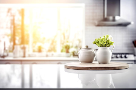 Wooden texture table top on blurred white rustic kitchen interior background. Epmty template for product display. Generative AIの素材