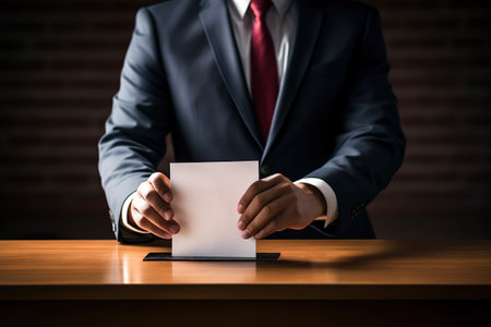 Voter putting paper voting in ballot box during elections. Election voting concept. Generative AI.の素材