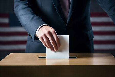 Voter putting paper voting in ballot box during elections. Election voting concept. Generative AI.の素材