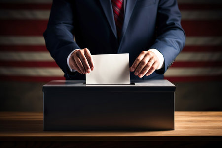 Voter putting paper voting in ballot box during elections. Election voting concept. Generative AI.の素材