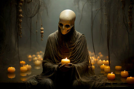 Mystical portrait of wicked witch with frightening makeup. For Dia de Los Muertos or Halloween holidays. Generative AIの素材