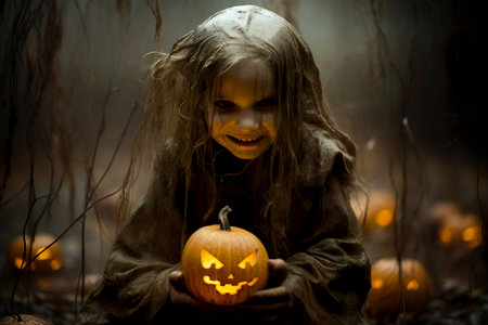 Mystical child portrait of witch. For Dia de Los Muertos or Halloween holidays. Generative AIの素材