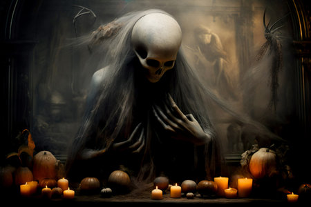 Mystical portrait of wicked witch with frightening makeup. For Dia de Los Muertos or Halloween holidays. Generative AIの素材