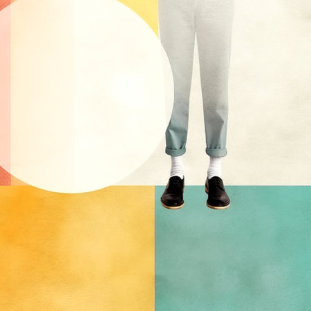 Conceptual contemporary art collage. Male legs stacking round on pastel geometric background. Free space for your text. Generative AIの素材