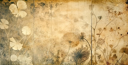 A triptych of abstract autumn background in vintage style. Chemigram and photogram image created using Generative AI technology.の素材