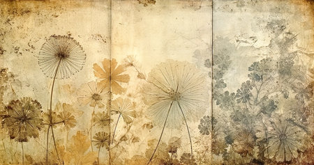 A triptych of abstract autumn background in vintage style. Chemigram and photogram image created using Generative AI technology.の素材