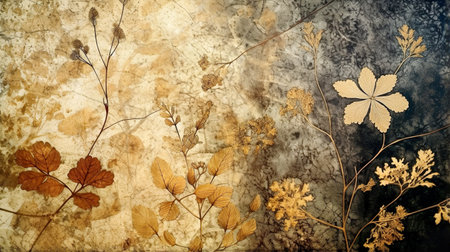 Abstract autumn background in vintage style. Chemigram and photogram image created using Generative AI technology.の素材