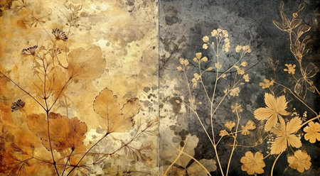A diptych of abstract autumn background in vintage style. Chemigram and photogram image created using Generative AI technology.の素材