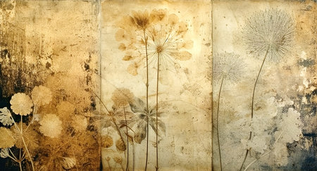 A triptych of abstract autumn background in vintage style. Chemigram and photogram image created using Generative AI technology.の素材