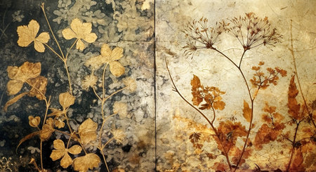 A diptych of abstract autumn background in vintage style. Chemigram and photogram image created using Generative AI technology.の素材