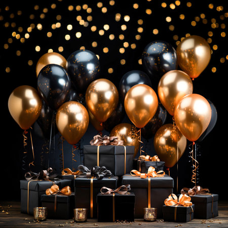 Black friday sale banner. Black and golden colored balloons with gift boxes in black bokeh background.の素材